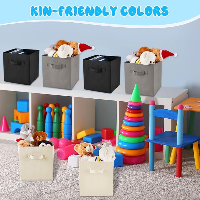 Yinder 12 Pcs Cube Storage Bin Grey 10.5''x10.5''x11'' Black Beige Storage Bins for Playroom Decor Colorful Bins for Kids Foldable Baskets for Nursery Organizer Boxes Fabric Boxes - Image 4