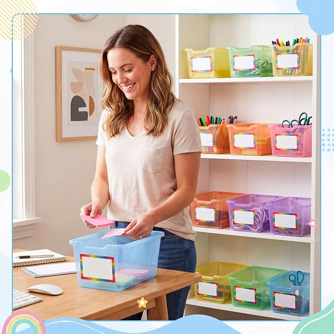 Funrous 72 Pack Plastic Cubby Bins for Classroom, Stackable Storage Bins with Rainbow Labels and Handles Cubby Organizer Containers for Teacher Supplies Home Office Daycare and Playroom (Bright) - Image 5