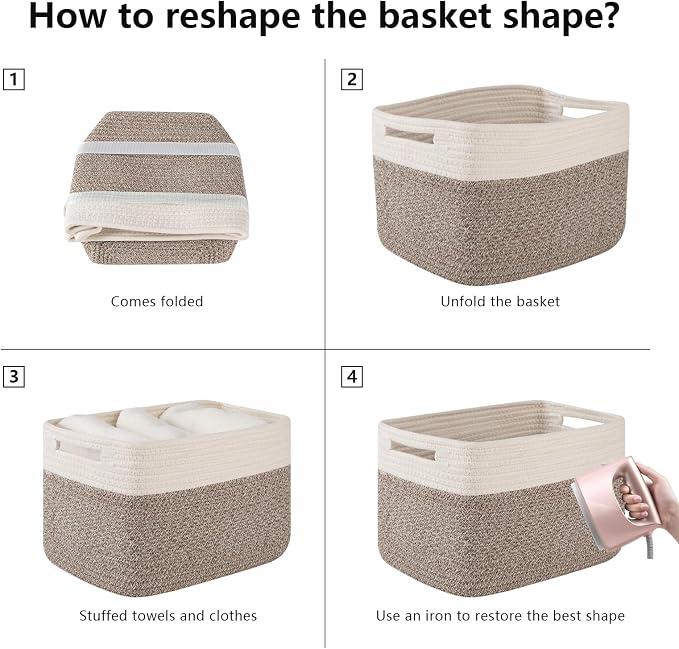 OIAHOMY 4 Pack Storage Basket, 13"x9"x7.8" Cotton Rope Baskets for Shelves, Closet Organizer for Bedroom & Living Room, Soft Decorative Bins for Organizing Towels, Books & Toys, Deep Brown & White - Image 9