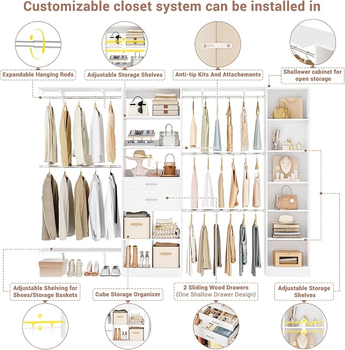 Besiost Closet System - 9.4FT/112" Closet Organizer System with Wooden Drawers,Closet Systems for Walk-In Closets with Hang Rods and Open Cabinet - Image 3