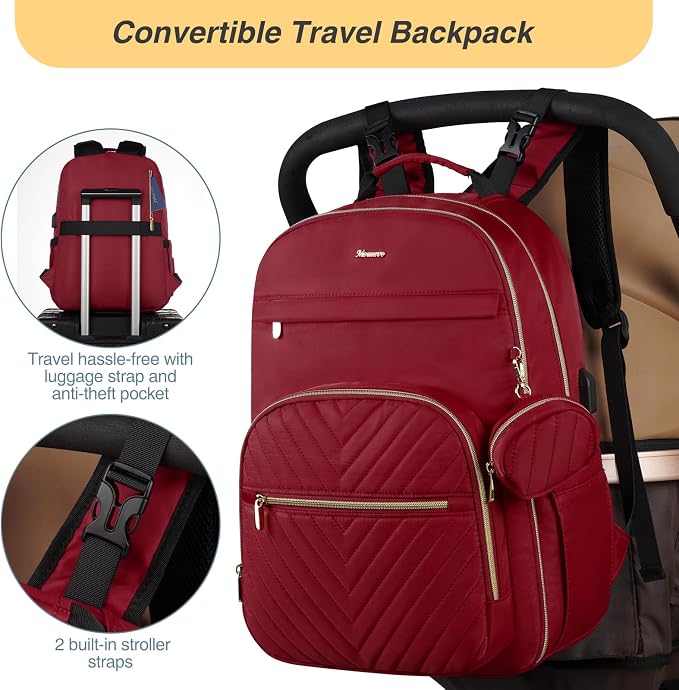 Diaper Backpack for Women Large Capacity with Insulated Pockets Diaper Bags For Baby,Burgundy - Image 7
