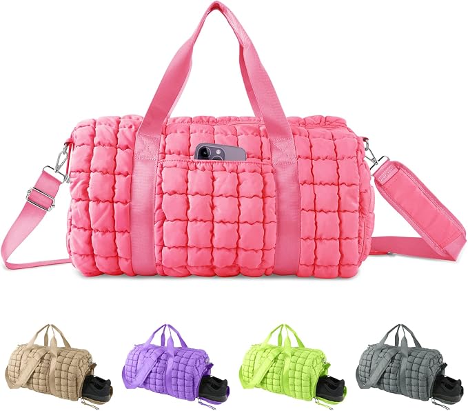 Quilted Travel Duffle Bag Gym Bag for Women,Large Puffer Duffle Weekender Bag with Compartment,Workout Overnight Carry on Organizer Bag Duffle Bag for Airplane Travel(L-Pink) by XSUIOY