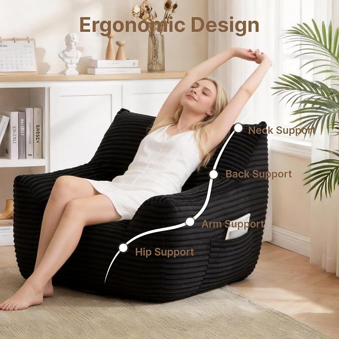 Bean Bag Chair for Adults & Kids, Giant Bean Bag Sofa with Side Pocket, Corduroy Beanbag Chair with Armrests, Comfy Stuffed Floor Sofa for Living Room Bedroom Dorm, Black - Image 5