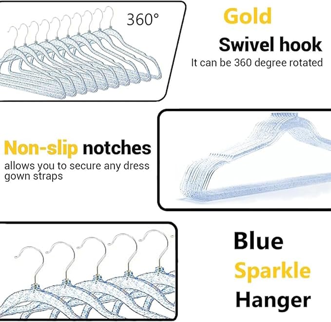 Blue and Gold Hangers for Clothes 40 Pcs, 16" Wide Clear Hangers for Men's Shirt, Women's Gown Dress, Youth Suit, Hoodie, Plastic Hanger with Swivel Hook, Thin Clothing Rack for Dorm Room Essentials - Image 3