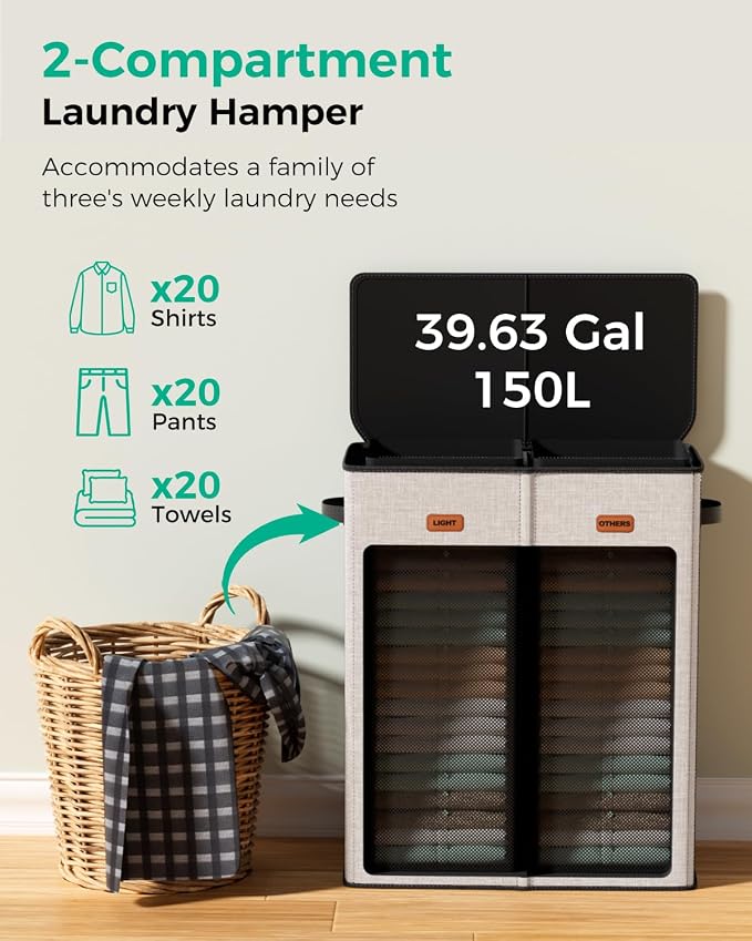 150L 2-Section Laundry Hamper with Lid – Removable Bag, Double Compartment Clothes Hamper for Bathroom, Bedroom, Dorm & Laundry Room - Image 5