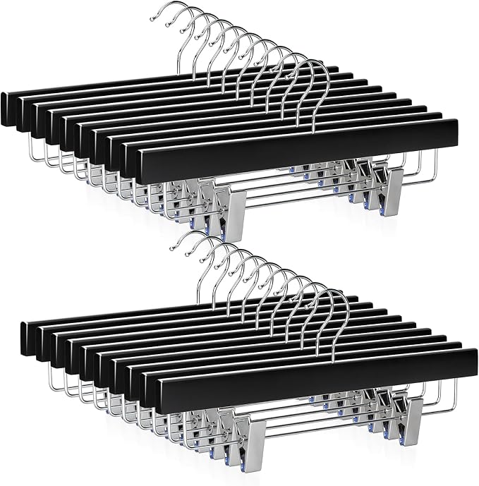 TOPIA HANGER Black Wood Pants Hangers, Wooden Skirt Short Jeans Trouser Hanger with Smooth Surface 360° Swivel Hook Anti Rust 2 Adjustable Clips, 20 Pack, CT10PB20 by TOPIAHANGER