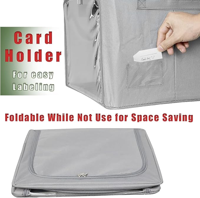 Clothes Storage Box Bins Stackable Foldable Organizer with Metal Frame for Clothing Bedding Shelves,Closet Container with Clear Window Zipper and Label Holder (Gray,Small-40L x3 Pack) - Image 4
