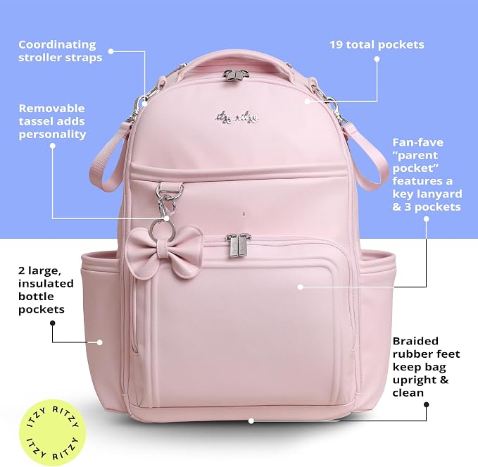 Itzy Ritzy Boss Plus Diaper Bag Backpack with 19 Pockets (Ribbons & Bows) | Large Diaper Bag Backpack Includes 2 Insulated Bottle Pockets, Changing Pad, Stroller Clips, Padded Straps, Travel-Ready - Image 4