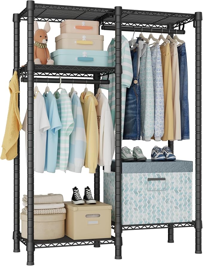 F1 Garment Rack for Kids, Baby, Students, and Children's Room, 4 Tiers Freestanding and Portable Heavy Duty Closets, Small Metal Clothes Rack with 2 Hanging Rod, 31.2" W x 11.8" D x 48" H, Black | Small Clothing Racks with 2 Hanger Rods for Hanging Bab... by Ulif