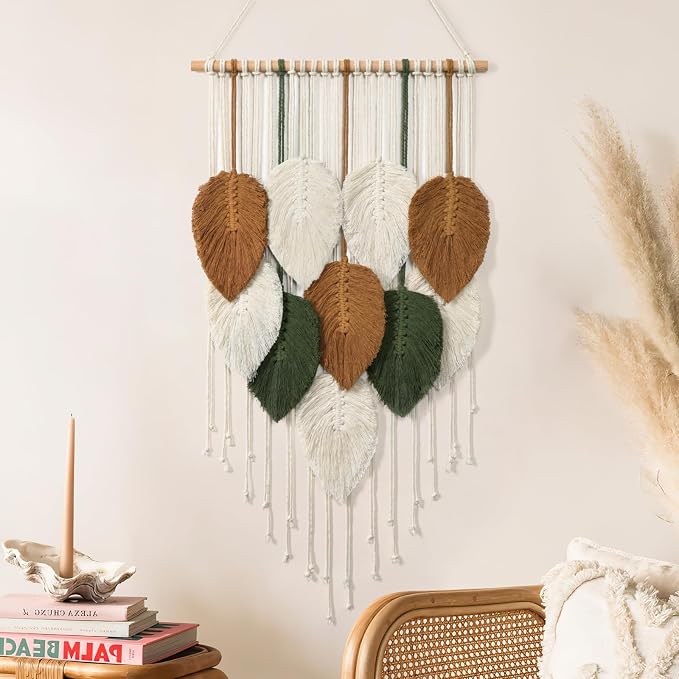 Macrame Wall Hanging Leaves Woven Tapestry Boho Chic Modern Home Decoration | KHOYIME Bohemian Handmade Leaf Feather Wall Art Decor for Apartment Dorm Living Room Bedroom Nursery Backdrop 16.5"W x 29.5"L by KHOYIME