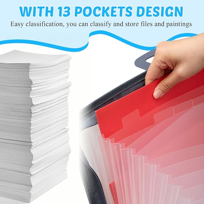 Dunzoom 1 Pack 11 x 17 Art Portfolios, Expanding File Organizer with 13 Pocket for Artwork, Plastic Clear Portfolio Holder Document Binder with Handle, Zipper and 120 Pcs Sticky Labels (Grey) - Image 6