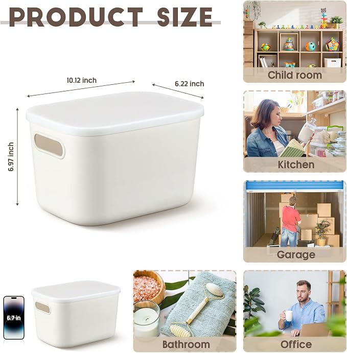 8 Pieces White Plastic Storage Bins with Lids, Stackable Storage baskets with Handle Containers Box for Shelves Drawers Desktop Playroom Classroom Office Organization(7.3 x 10.2 x 6.5 Inches) - Image 2
