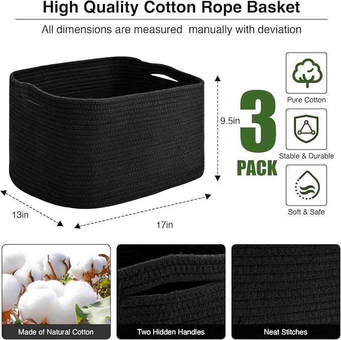 ICERZCZ Large Storage Baskets for Organizing Shelves, Woven Cotton Rope Bins for Baby Nursery Organization, Book Toy Towel Organizer, 17"x13"x9.5", 3 Packs, Black - Image 3