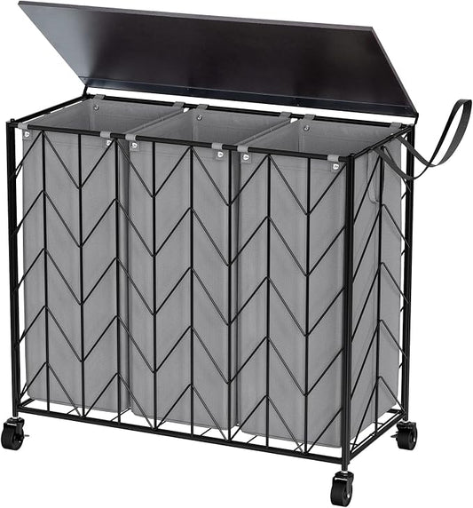 WOWLIVE Laundry Hamper 3 Section with Lid, 142L Laundry Basket with Wheels | Rolling Dirty Clothes Hamper with Removable Bags, Large Iron-Made Laundry Basket Organizer Laundry Sorter for Dorm, Grey by WOWLIVE
