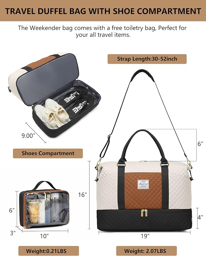 Travel Overnight Bag Weekender Bags - Duffle Bag Women with Shoe Compartment Carry on Tote Bag with Toiletry Bag Gym Duffel Bag with Wet Pocket Hospital Bags for Labor and Delivery Black White Brown - Image 5