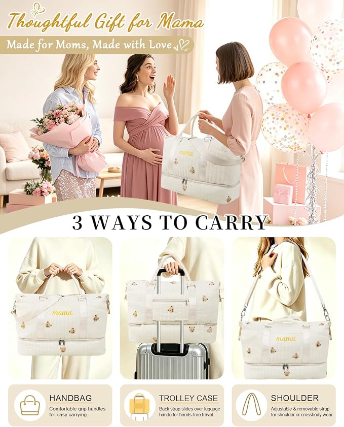 Mama Maternity Hospital Bag Essentials for Women Labor Delivery Baby Diaper Organizer with Shoe Compartment & Toiletry Pouch Travel Duffle Bag for Pregnancy Mommy Weekender Overnight Gifts,Beige Bear - Image 5