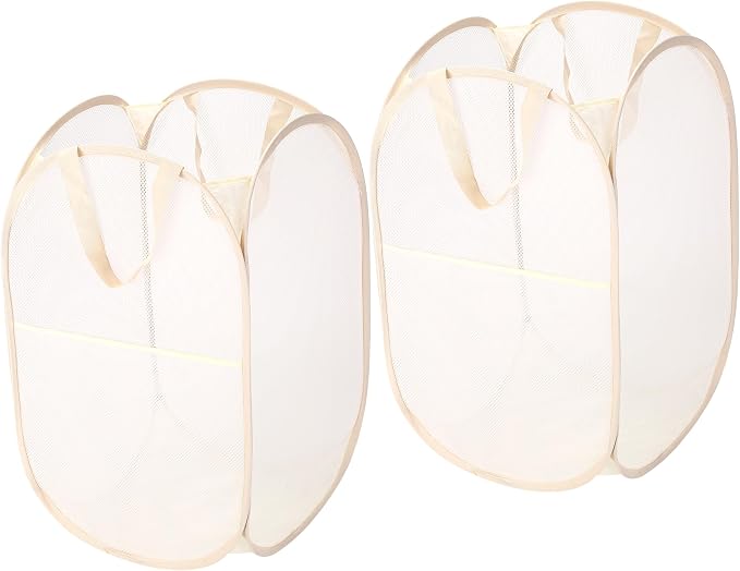Sea Team 2-Pack BEIGE Collapsible Laundry Basket Set - Foldable Mesh Hamper with Sturdy Support for Bathroom, College Dorm, Home by SeaTeam