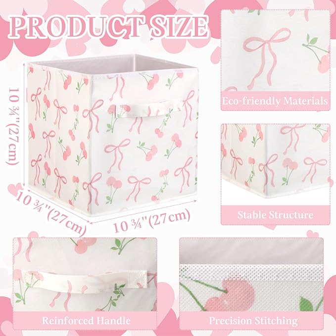 6 Pcs Pink Bow Cherry Cube Storage Bins 11 Inch Storage Basket with Handle, Preppy Girls Organizer Basket, Collapsible Fabric Box for Classroom Bedrooms Office Home Decoration Gift - Image 2