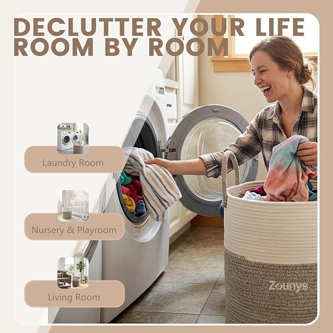 3Pack Large Woven Laundry Basket, 60L Nursery Laundry Basket, Rope Laundry Hamper, Collapsible Laundry Baskets for Blanket Basket Living Room, Bedroom, Bathroom (Khaki) - Image 6