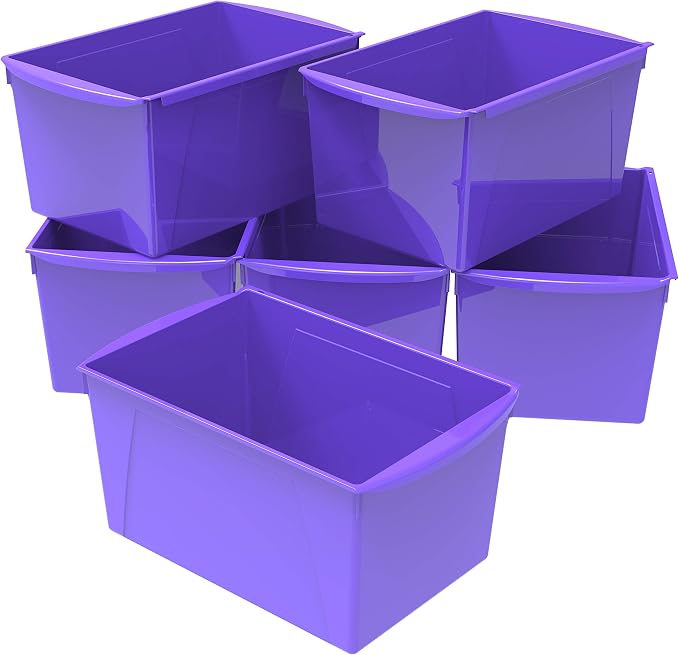 Storex Extra-Large Book Bin, Interlocking Plastic Organizer for Home, Office and Classroom, Purple, 6-Pack (71136U06C) by Storex