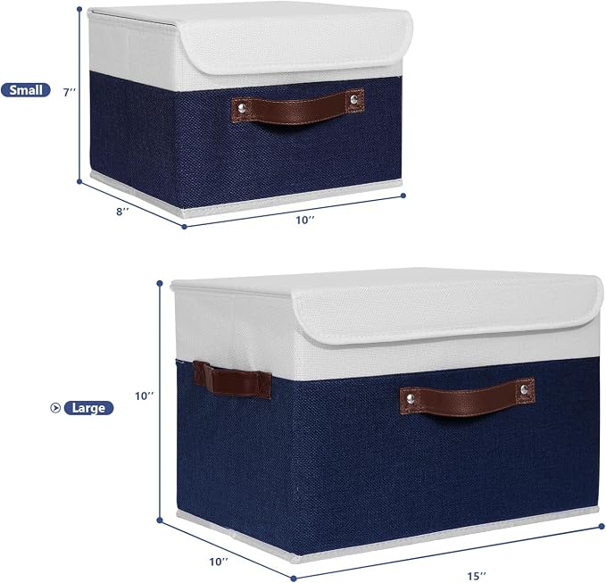 ANMINY Fabric Storage Box Bins with Lids, Blue White, 15"x10"x10", 2 Pack | Keepsake Memory Storage, Cotton Linen, PP Board Reinforced, Washable, PU Handles, Foldable & Stackable, Decorative, Large - Image 5