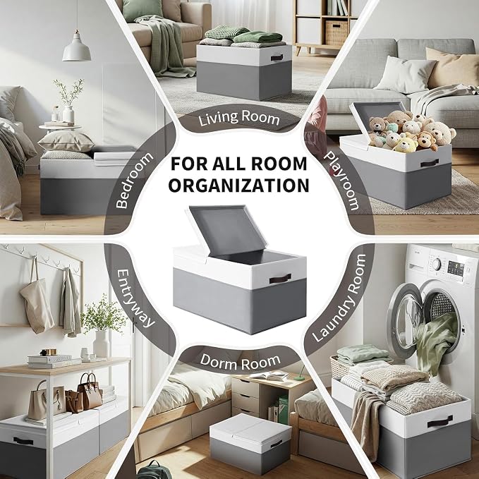 2 Pack EXTRA LARGE Blanket Storage Baskets with Lids, 22”x16”x12” Closet Organizers Bins for Clothes Towel/ Storage Box with Lid Handles/ Stackable Decorative Fabric Bins for Living Room, Nursery - Image 4