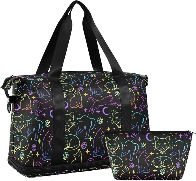 Travel Duffel Tote Bag Witchcraft Black Cats Sports Duffel Bag with Wet Pocket Weekender Overnight Bag for Women Men Gym Bag, Carry On Bag Hospital Bag for Labor and Delivery - Image 7