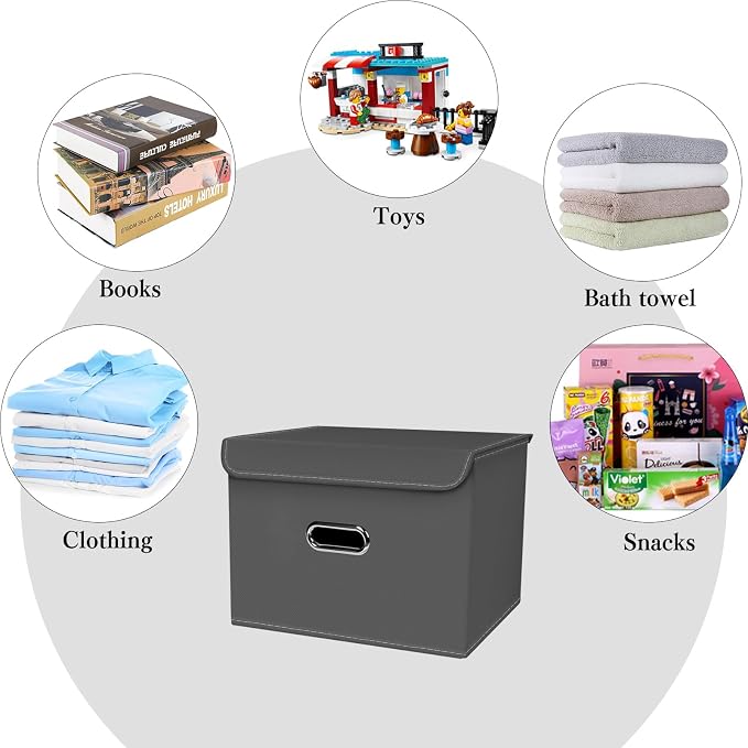 Fabric Foldable Collapsible Storage Cube Bin Organizer Basket with Lid, Handles, Removable Divider for Home, Closet (Grey, 6Pcs) - Image 3