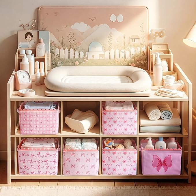 CHENGU 6 Pcs Pink Bow Storage Basket Large Collapsible Scalloped Storage Bin with Handle Preppy Girls Organizer Canvas Basket Candy Holiday Decor for Party Bedrooms Closet Nursery Home Decoration - Image 5