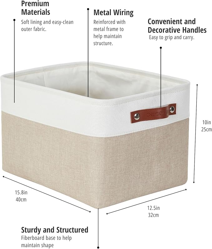 DECOMOMO Storage Bins, Extra Large Fabric Storage Baskets for Shelves 3Pack | 15.8 x 12.5 x 10 inches Decorative Linen Closet Organizers (Beige & White) - Image 3