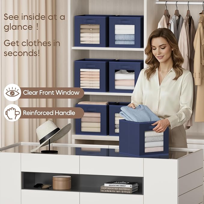 Storage Cube 11 Inch - Cube Storage Bins with Window, Closet Storage Baskets with Handle, Fabric Bins for Closet, Shelves, Toys, Clothes, Set of 16, Navy Blue - Image 2