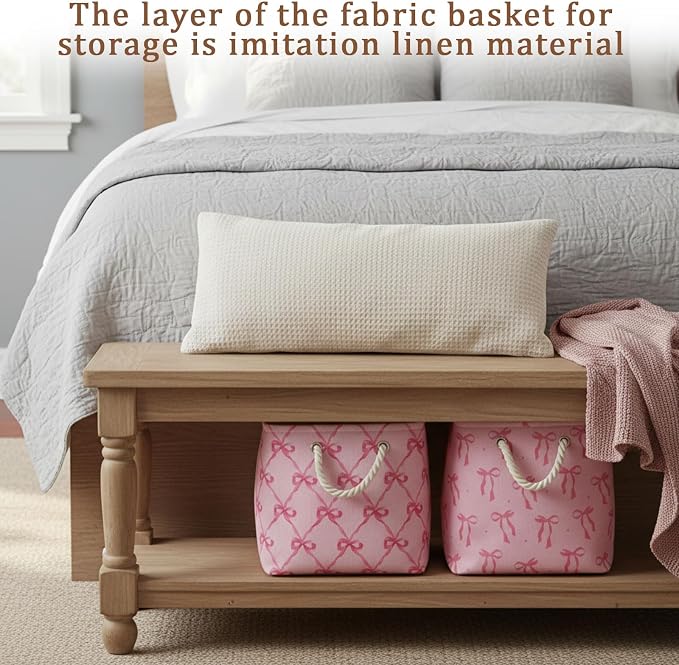 6 Pack Pink Bow Fabric Storage Bins 13 Inch Foldable Cube Storage Baskets | Coquette Preppy Storage Baskets with Reinforced Handles for Closet, Shelves, Nursery and Bedroom, Cute Room Organization - Image 4