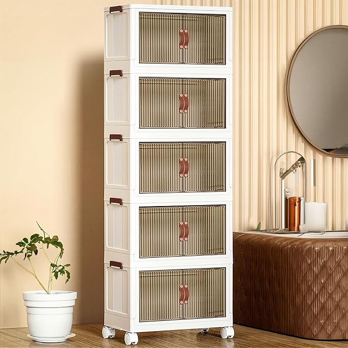 5 Tier Plastic Stackable Storage Bins and Boxes Organizer, Foldable Containers, Stackable Closet Organizers, Collapsible Boxes, White (5 Tier, 25.8″) - Image 8
