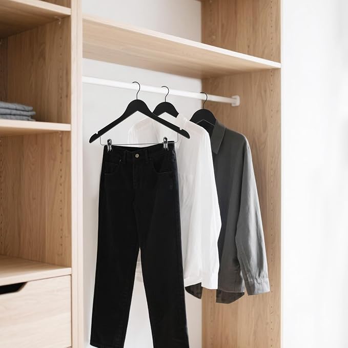 Wooden Hangers with Adjustable Metal Clips, 72-Pack, Black | Solid Wood Hangers with 360° Rotatable Hook for Skirt, Dress, Coats, Jacket and Pants, Space-Saving and Non-Slip Design - Image 6