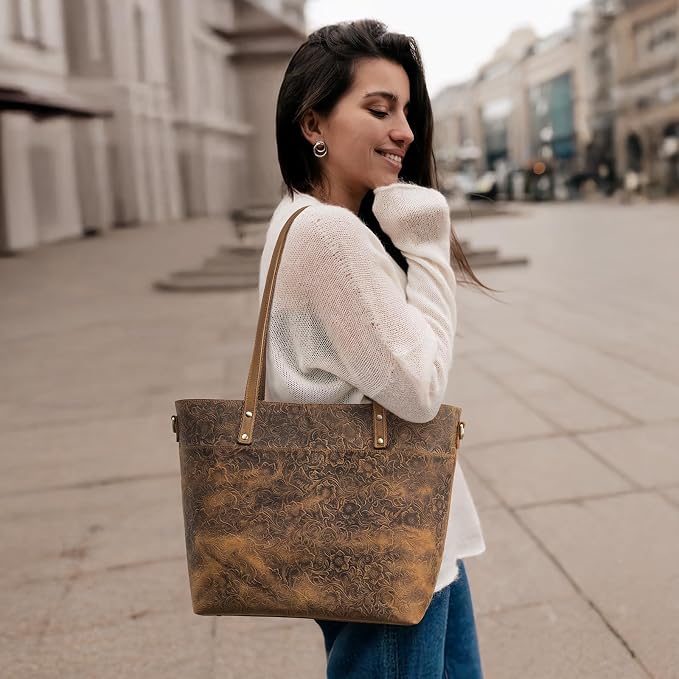 S-ZONE Leather Tote Bag for Women Large Work Totes Designer Handbags | Vintage Grain Crazy Horse Leather, Adjustable Strap, Fits 14" Laptop, Multi Pockets, Rose Embossed Tote, Travel Daily - Image 2