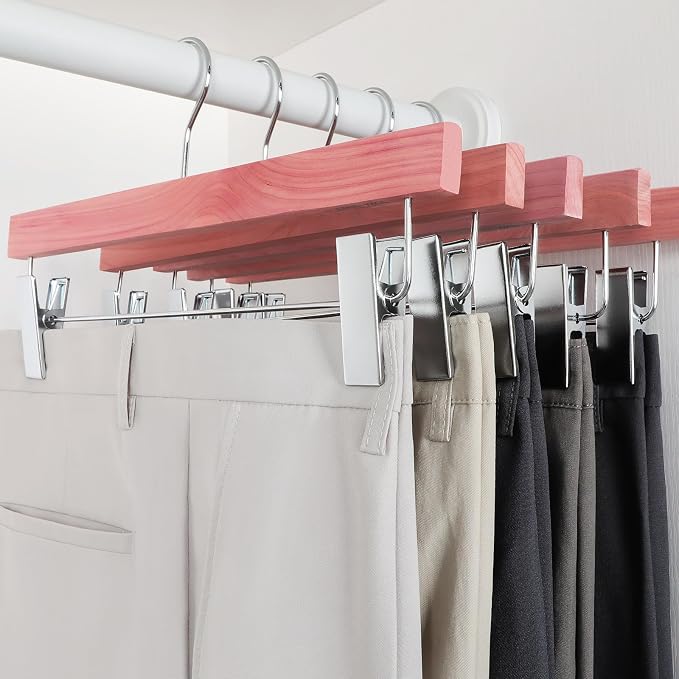 TOPIA HANGER Red Cedar Wooden Pants Hangers 20 Pack, Slacks Trouser Shorts Hangers with 2 Big Metal Anti-Wrinkle Adjustable Clips, 360° Stronger Chrome Hooks, CT07P20 - Image 4