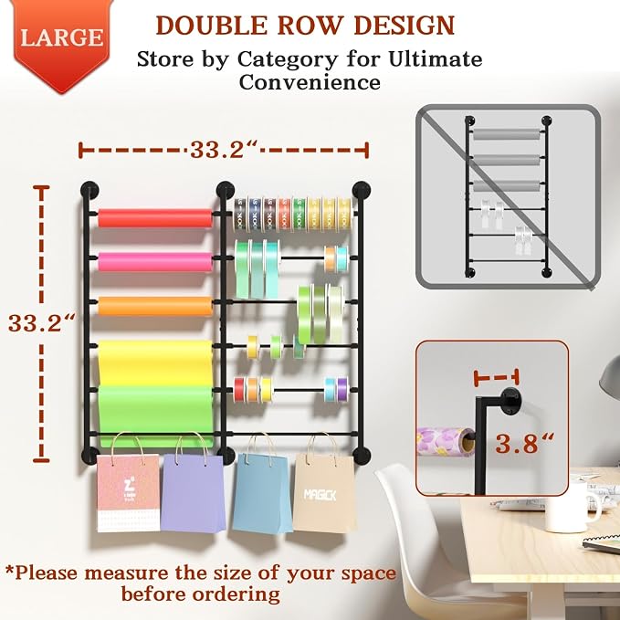 Double 6-Tier Ribbon Storage Organizer, Wall Mounted Ribbon Organizer | 12 Removable Rods, Large Capacity Gift Bag Ribbon Holder for Craft Room, Flower Shop, DIY Supplies, Wrapping Paper- Metal - Image 2