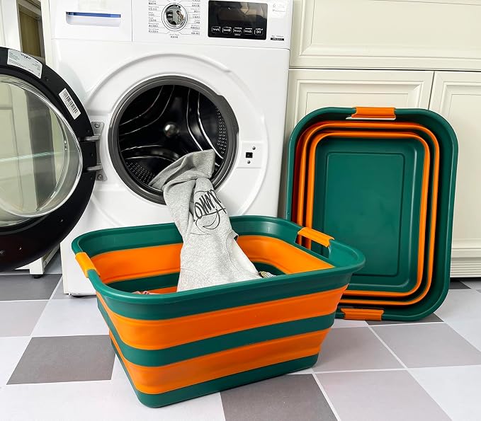 SAMMART Collapsible Plastic Laundry Basket with Handle/Foldable Pop Up Storage Hamper/Portable Laundry Organizer-Space Saving Washing Tub/Household Storage (Teal Green/Autumn leaf, 42L (Set of 2)) - Image 2