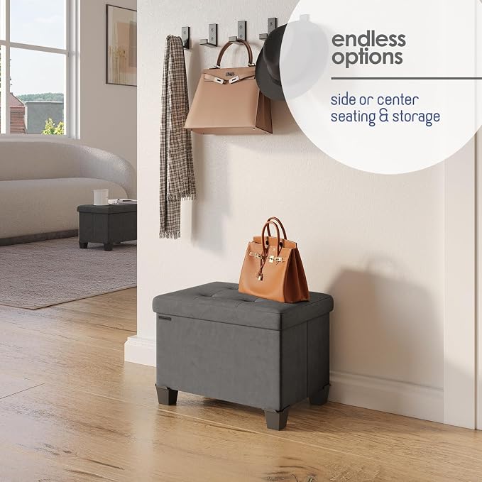 Storage Ottoman Cube with Small Bin, 16-in Square Ottoman with Storage for Living Room and Bedroom, Small Ottomans Foot Rest, Velvet Foot Stools Ottomans Max 330lbs, Grey - Image 6