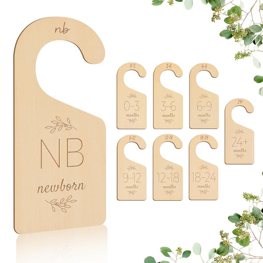 Wooden Baby Closet Dividers - 8 Pcs Double-Sided Design for Newborn Nursery Room Wardrobe Storage by Months Size - Perfect Toddler Clothes Organizer