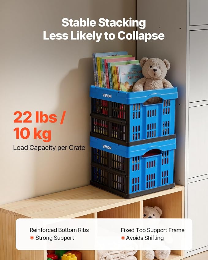VEVOR Plastic Collapsible Storage Bins, 25L 3 Packs, Stackable Folding Storage Crates with Handles, Holds 22 lbs Per Bin, Foldable Heavy Duty Containers, Space-Saving Baskets, for Home Organizing - Image 2