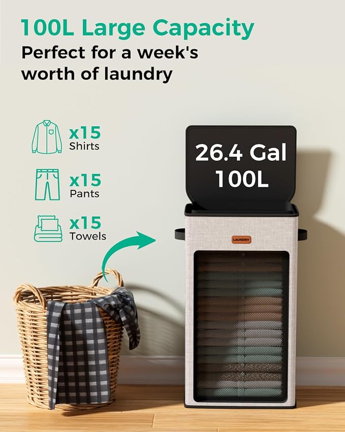 100L Laundry Hamper with Lid, Odor-Controlling Hamper with Handles, Collapsible Laundry Basket with Removable Mesh Bag for Bedroom Bathroom Laundry Room - Image 3