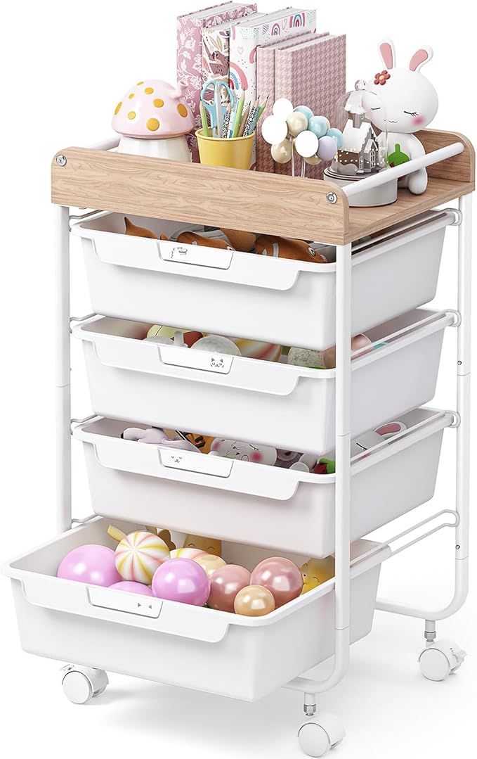 SYKIARIOL Rolling Storage Utility Cart with 4 Drawers,Art Cart,White | Kids Craft Cart,Makeup Organizer and Storage with Wooden Tabletop by SYKIARIOL