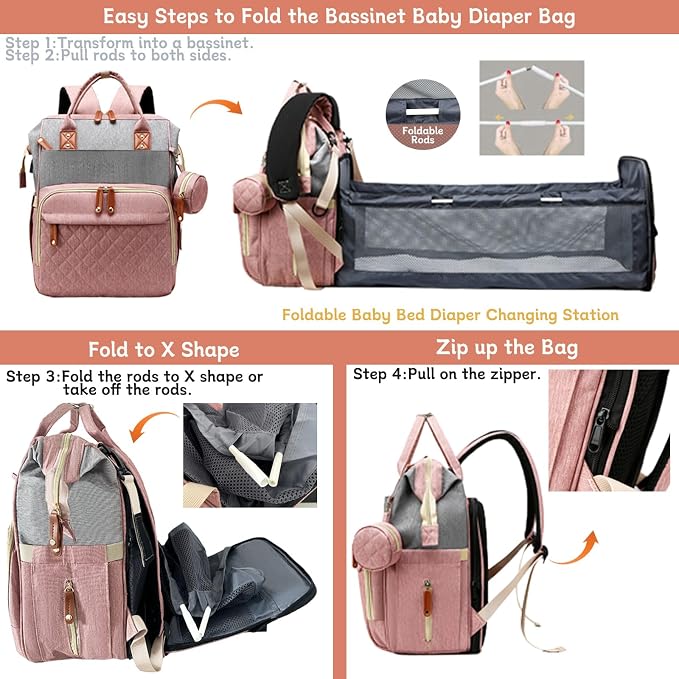 Diaper Bag with Changing Station, Waterproof 3 in 1 Diaper Backpack with Foldable Changing Pad, Large Travel Backpack for Mom & Dad, Baby Gift for Baby Girl & Boy, Pink-Grey - Image 8
