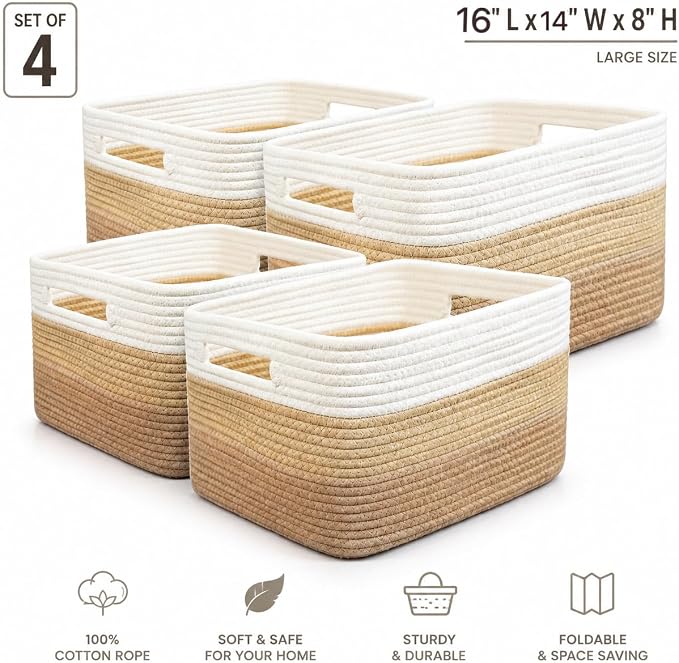 4 Pack Cotton Rope Storage Bins, 16x14x8 Inch Large Basket for Shelves, Closet, Nursery, Towels, Toys - Image 2