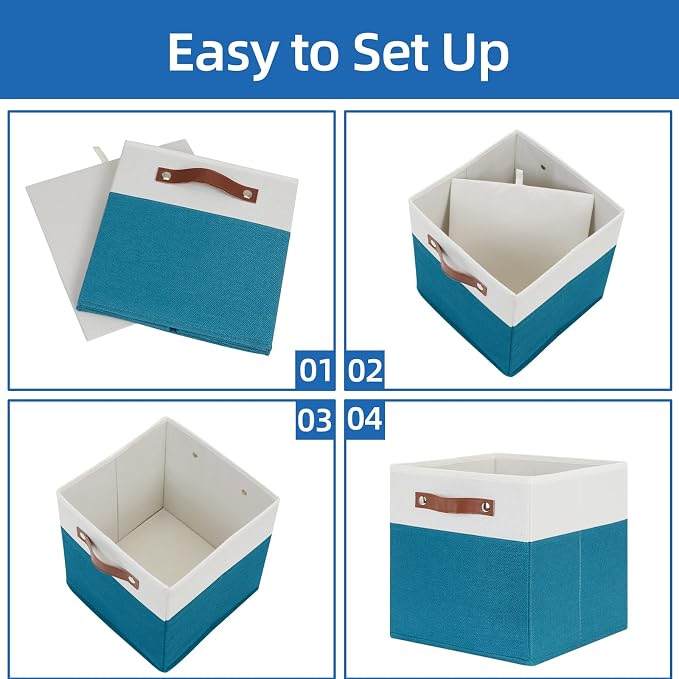 Temary Storage Cube Bins 11 Cube Storage Bins Storage Baskets for Closet, Shelves 4 Pack Fabric Organizer Bins with Leather Handles(White&Teal) - Image 5