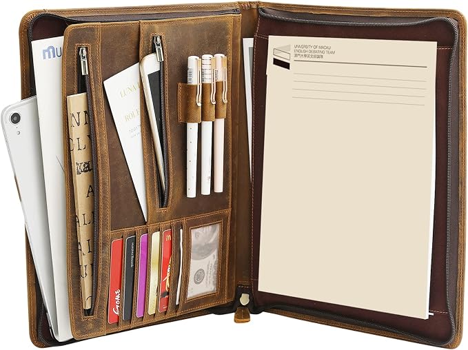 Ringsun Leather Portfolio Organizer with Zipper for Men Women, Leather Padfolio Business Resume Legal Pad Portfolio Notebook Binder for A4/Pad, Brown by RINGSUN