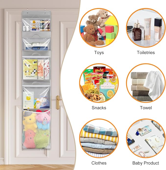 Woodoulogy 2PACK Hanging Toy Storage over Door, Block Stuffed Animal Organizer Idea with 4 Removable Case Bag, Bi-Fold Closet Holder with Mesh Pocket - Image 6