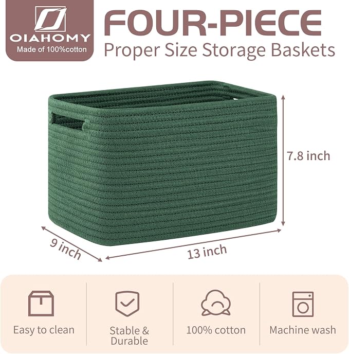 OIAHOMY 4 Pack Storage Baskets for Organizing 15L Cube Storage Bins Green | Woven Baskets for Storage Rectangle Small Baskets With Handles Baskets for Shelves Wicker Baskets for Shelves 12.7x9x7.8inch - Image 2