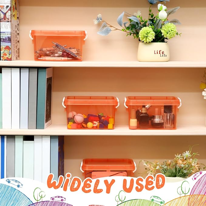 6 Pack Colorful Plastic Storage Bins with Lids 4 Quart Small Storage Latch Box Stackable and Nestable Clear Organizer Bins with Latching Handle and Buckle for Organizing(Orange) - Image 5